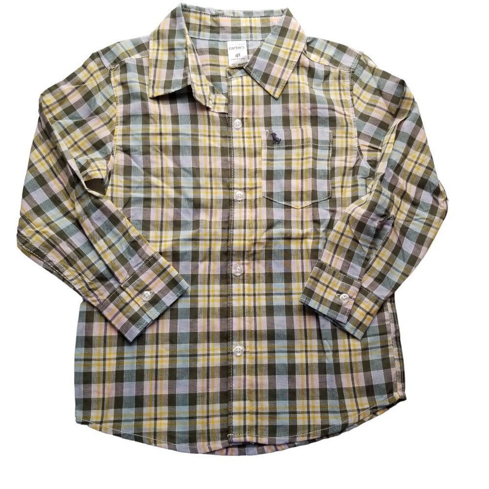 Carter's 4T‎ Button up Shirt Long Sleeve Yellow Green plaid Easter Spring pastel